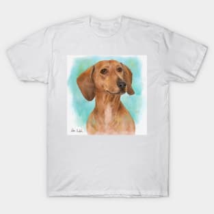 Portrait of a Dachshund in Watercolor with Turquoise Background T-Shirt